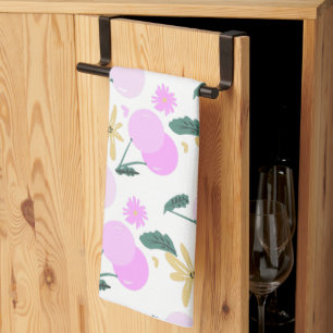 Cherry Floral Greenery Yellow Pink Hearts Patter  Kitchen Towel