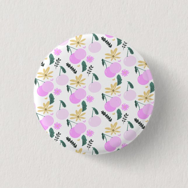 Cherry Floral Greenery Yellow Pink Hearts Pattern Button (Front)