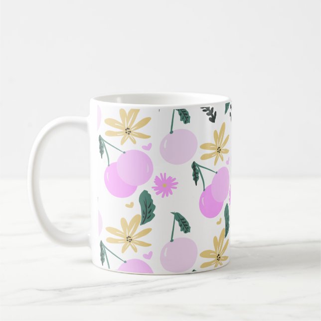 Cherry Floral Greenery Yellow Pink Pattern Coffee Mug (Left)