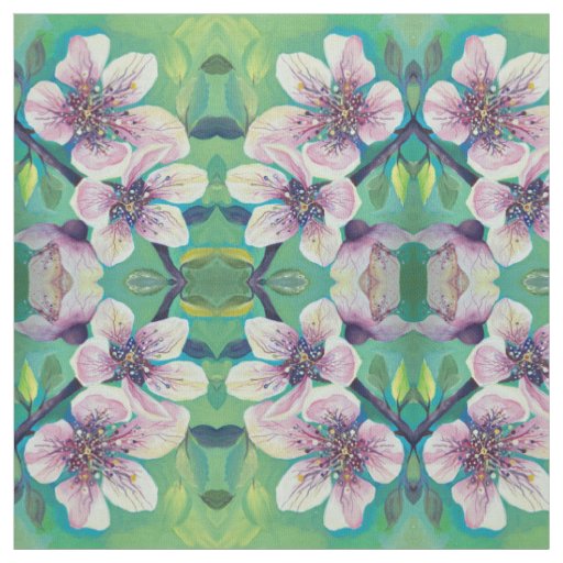 Cherry Flowers Blossom Handpainted Watercolor Fabric
