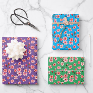 Cherry flowers Green , Blue, Purple Background. Wrapping Paper Sheets