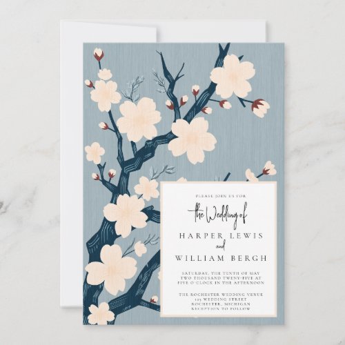 Cherry flowers japandi wedding invitation