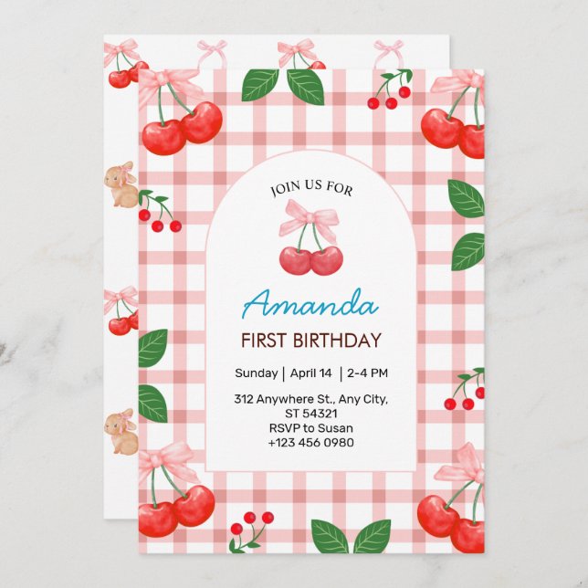 Cherry Fruit First 1st Birthday Party Invitation   (Front/Back)