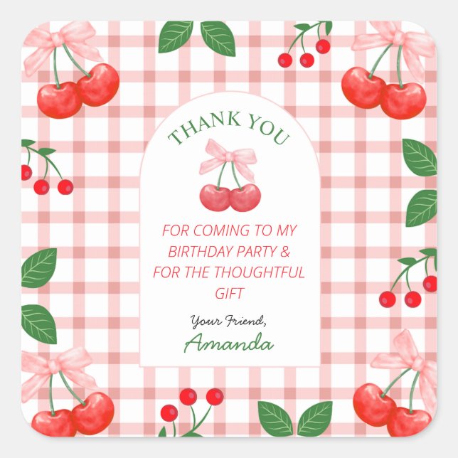 Cherry Fruit First Birthday Party Square Sticker (Front)