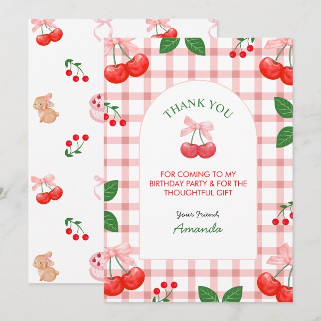 Cherry Fruit First Birthday Party Thank You Card (Front/Back)