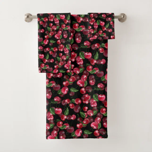 Cherry Fruit on black Bath Towel Set Zazzle