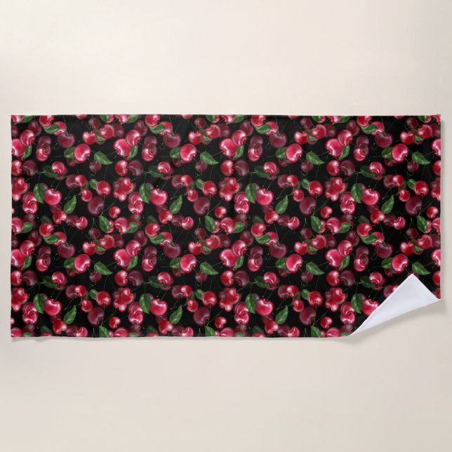 Cherry Fruit on black Beach Towel (Front)