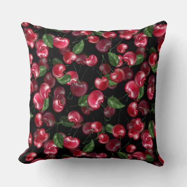 Cherry Fruit on black Throw Pillow (Front)