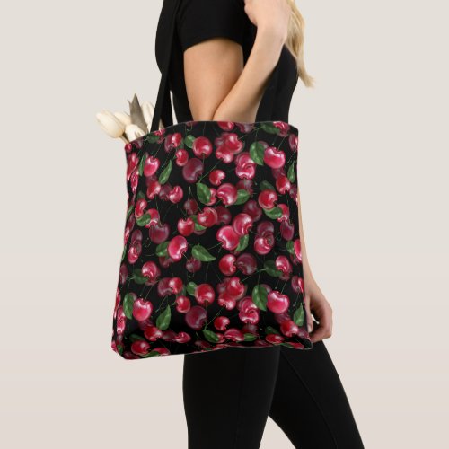 Cherry Fruit on black Tote Bag