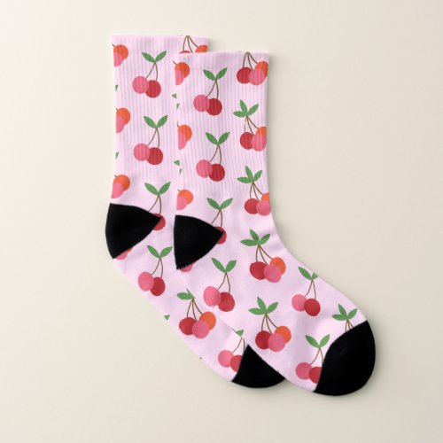 Cherry Fruit Pattern Cute Pink and Red Cherries Socks