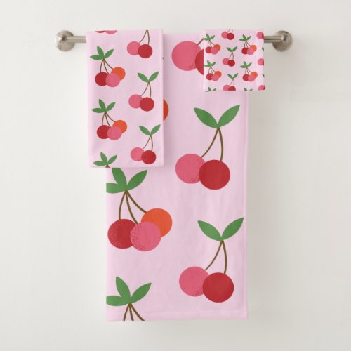 Cherry Fruit Pattern in Pink and Red Personalized Bath Towel Set