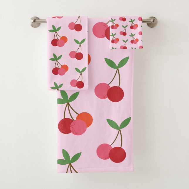 Cherry Fruit Pattern in Pink and Red Personalized Bath Towel Set (Insitu)