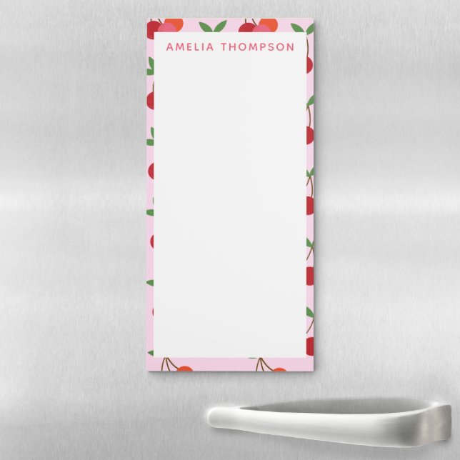Cherry Fruit Pattern in Pink and Red Personalized Magnetic Notepad (In Situ)