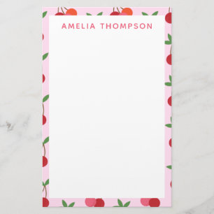 Cherry Fruit Pattern in Pink and Red Personalized Stationery