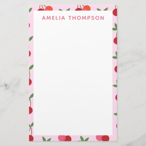Cherry Fruit Pattern in Pink and Red Personalized Stationery