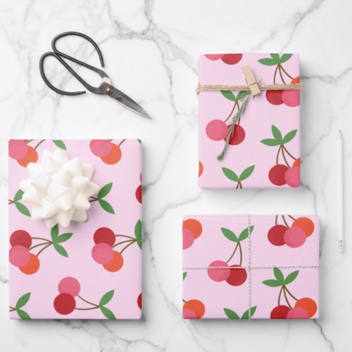 Cherry Fruit Pattern in Pink and Red Personalized Wrapping Paper Sheets
