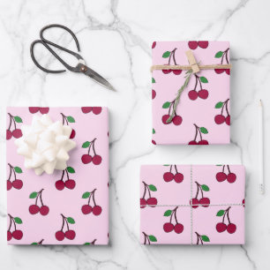 Cherry Fruit Pattern in Pink and Red Wrapping Paper Sheets