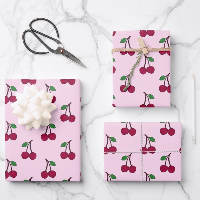 Cherry Fruit Pattern in Pink and Red Wrapping Paper Sheets (Front)