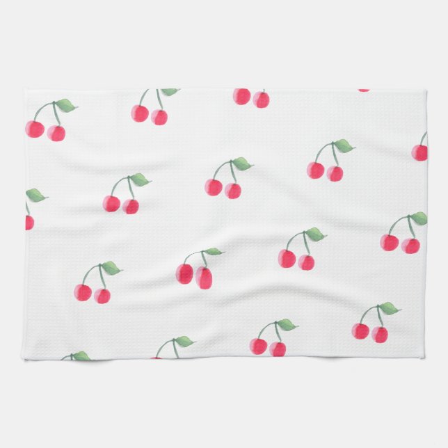 Cherry Fruit Pattern Modern Lovely Cute Pink Kitchen Towel (Horizontal)