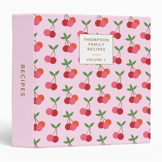 Cherry Fruit Pattern Red Pink Personalized Recipes 3 Ring Binder (Front/Spine)