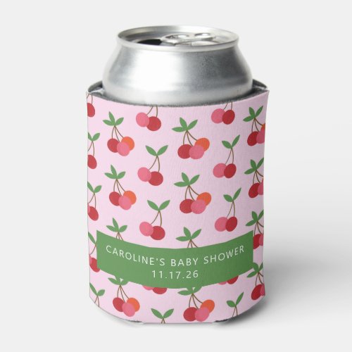 Cherry Fruit Pink Green Cute Custom Baby Shower Can Cooler