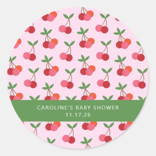 Cherry Fruit Pink Green Cute Custom Baby Shower Classic Round Sticker