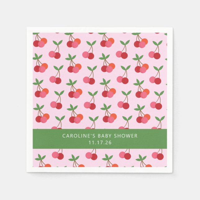 Cherry Fruit Pink Green Cute Custom Baby Shower Napkins (Front)