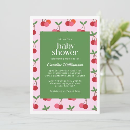 Cherry Fruit Red Pink Green Cute Baby Shower Invitation