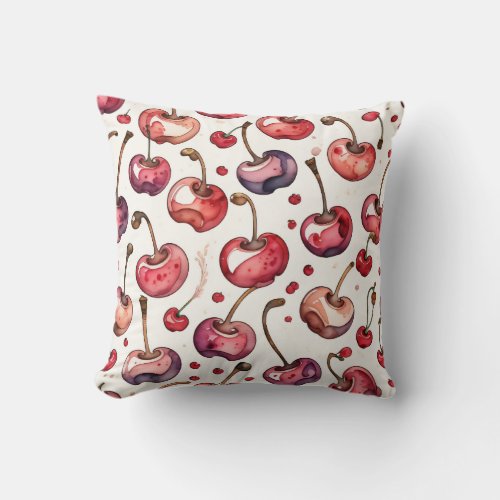 Cherry Fruit Watercolor Pattern Throw Pillow