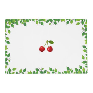 Cherry Fruits and Green Leaves on White Placemat