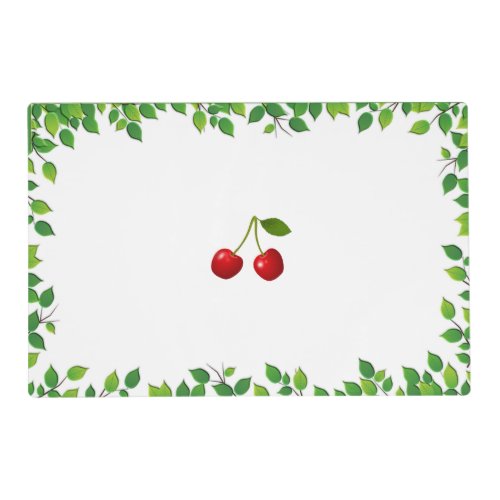 Cherry Fruits and Green Leaves on White Placemat