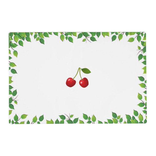 Cherry Fruits and Green Leaves on White Placemat (Front)