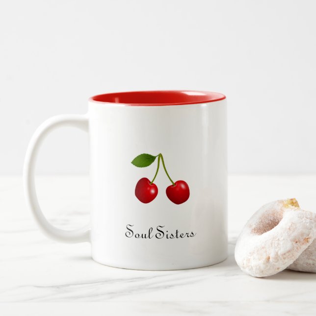 Cherry Fruits on White Soul Sisters Two-Tone Coffee Mug (With Donut)