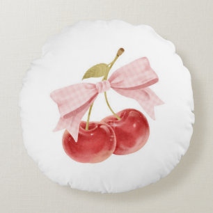 Cherry girl room decor, Pink Coquette Bow Cherry Round Pillow