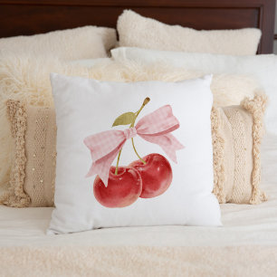 Cherry girl room decor, Pink Coquette Bow Cherry Throw Pillow