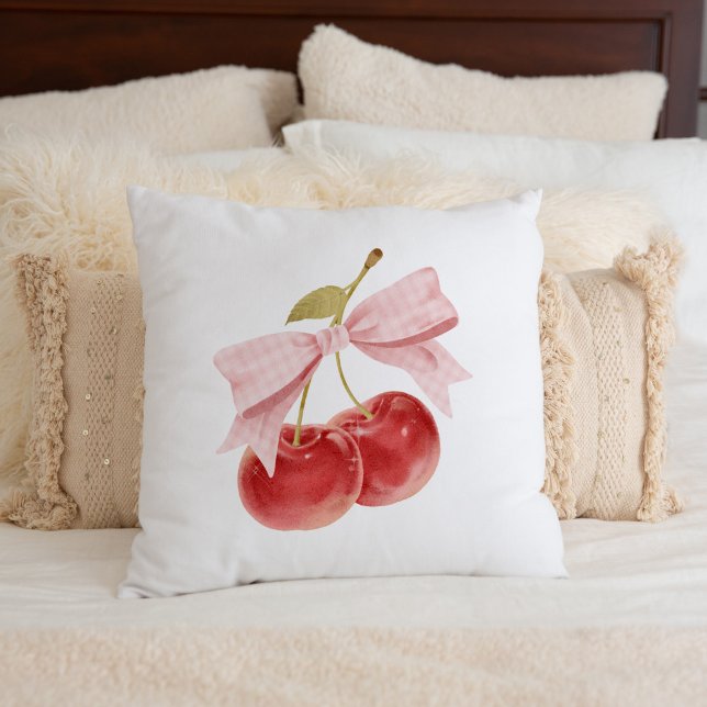 Cherry girl room decor, Pink Coquette Bow Cherry Throw Pillow (Creator Uploaded)