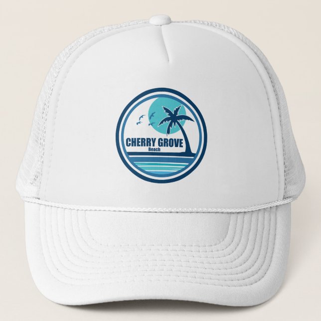Cherry Grove Beach South Carolina Palm Tree Birds Trucker Hat (Front)