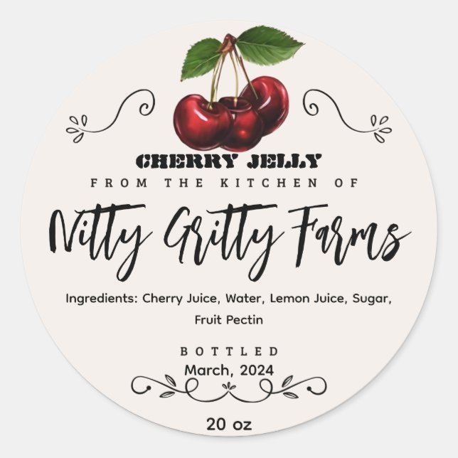 Cherry Jam Jelly preserve Custom Canning Label (Front)