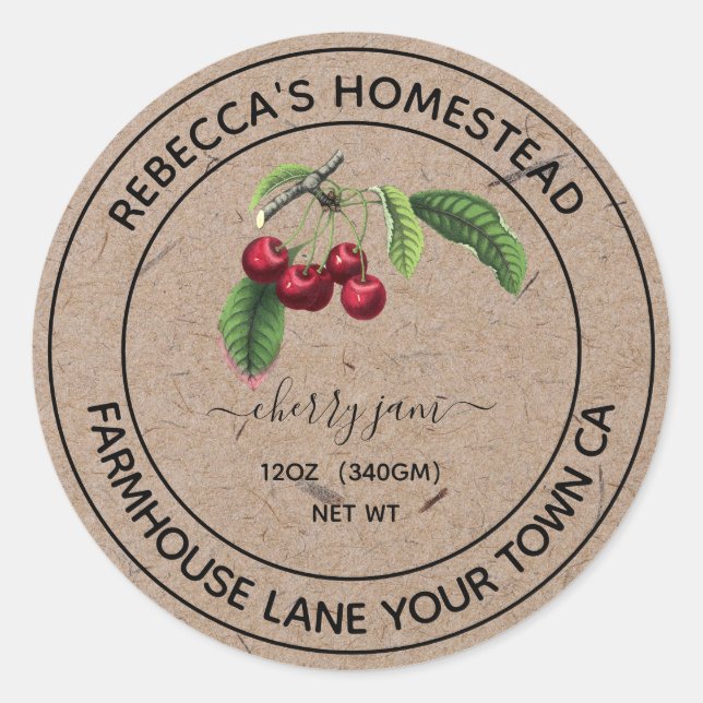 Cherry Jam Kraft Paper Canning  & Preserving Jar   Classic Round Sticker (Front)