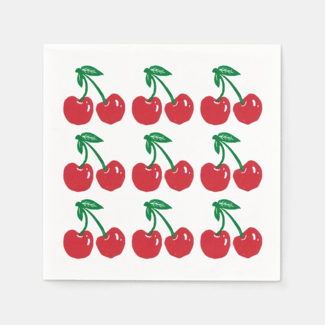 Cherry Linocut Block Print Design Cocktail Napkins (Front)