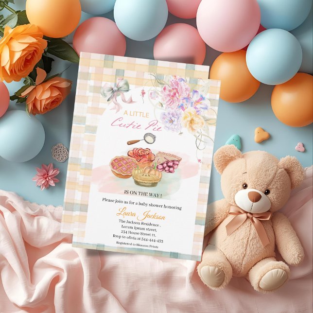 Cherry Little Cutie Pie Pastel Gingham Baby Shower Invitation (Creator Uploaded)