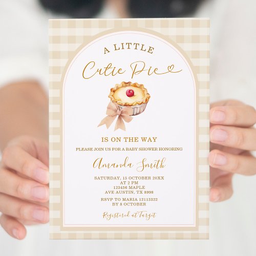 Cherry Little Cutie Pie Pastel Gingham Baby Shower Invitation