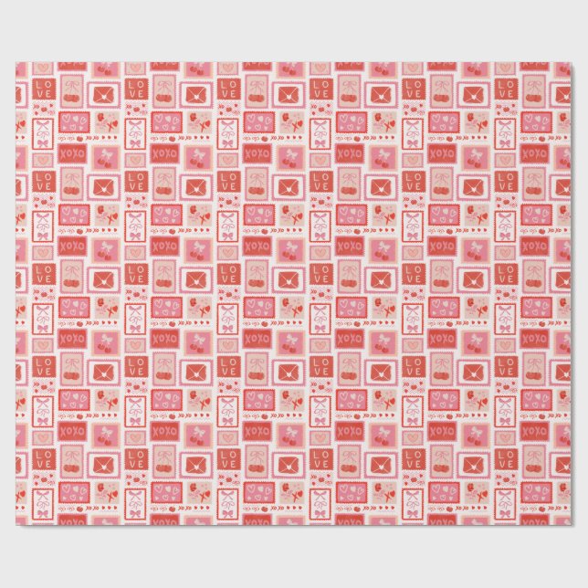 Cherry Love Letters Postage Valentine Wrapping Paper (Flat)