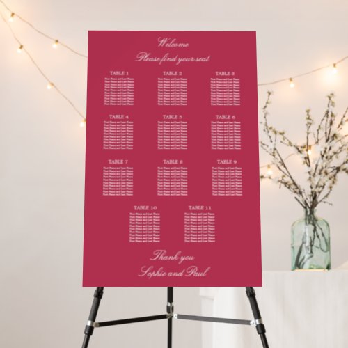 Cherry Magenta 11 Table Wedding Seating Chart Foam Board