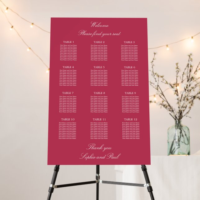 Cherry Magenta 12 Table Wedding Seating Chart Foam Board (In Situ (Stand))