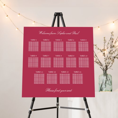 Cherry Magenta 14 Table Wedding Seating Chart Foam Board