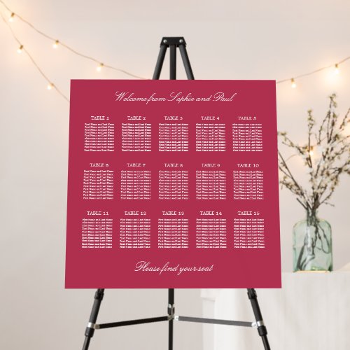 Cherry Magenta 15 Table Wedding Seating Chart Foam Board