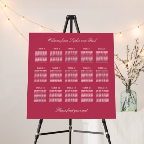 Cherry Magenta 15 Table Wedding Seating Chart Foam Board