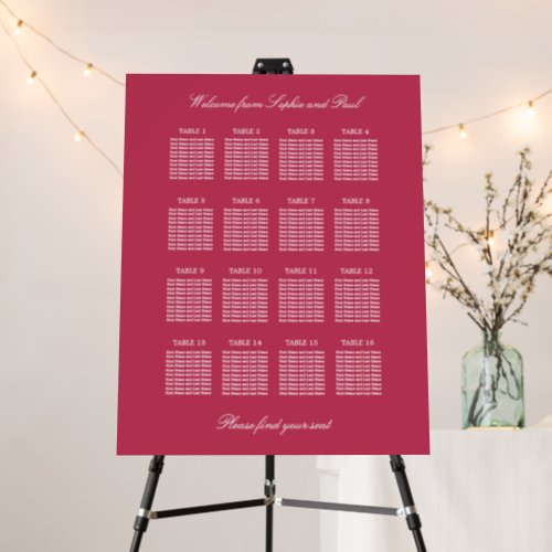 Cherry Magenta 16 Table Wedding Seating Chart Foam Board
