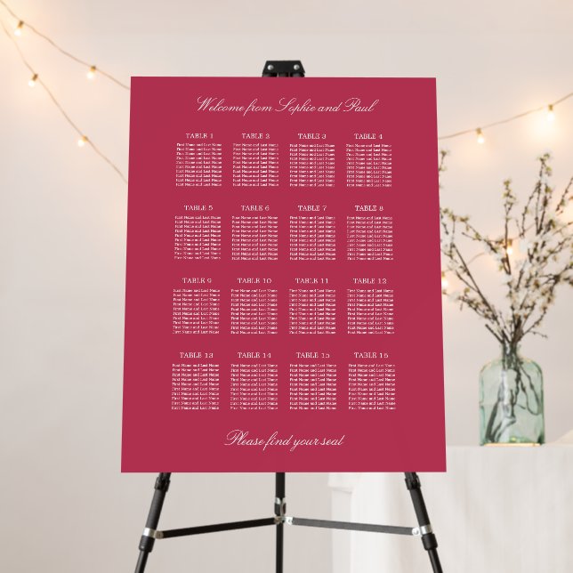 Cherry Magenta 16 Table Wedding Seating Chart Foam Board (In Situ (Stand))